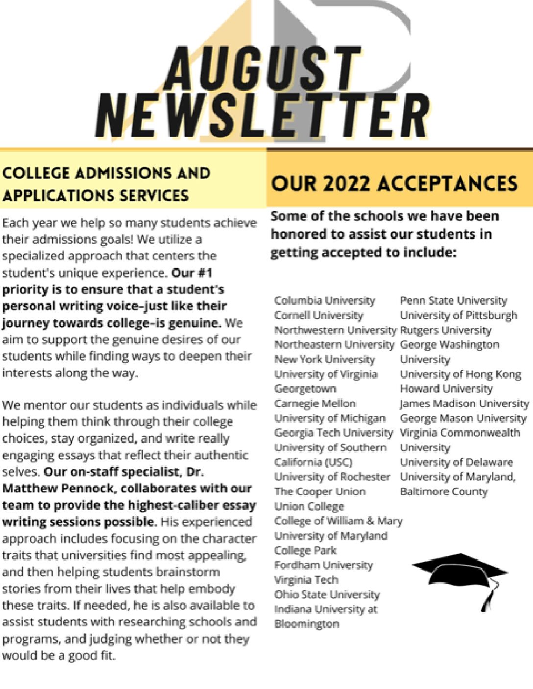 August newsletter focused on college admissions and acceptances of our scholars